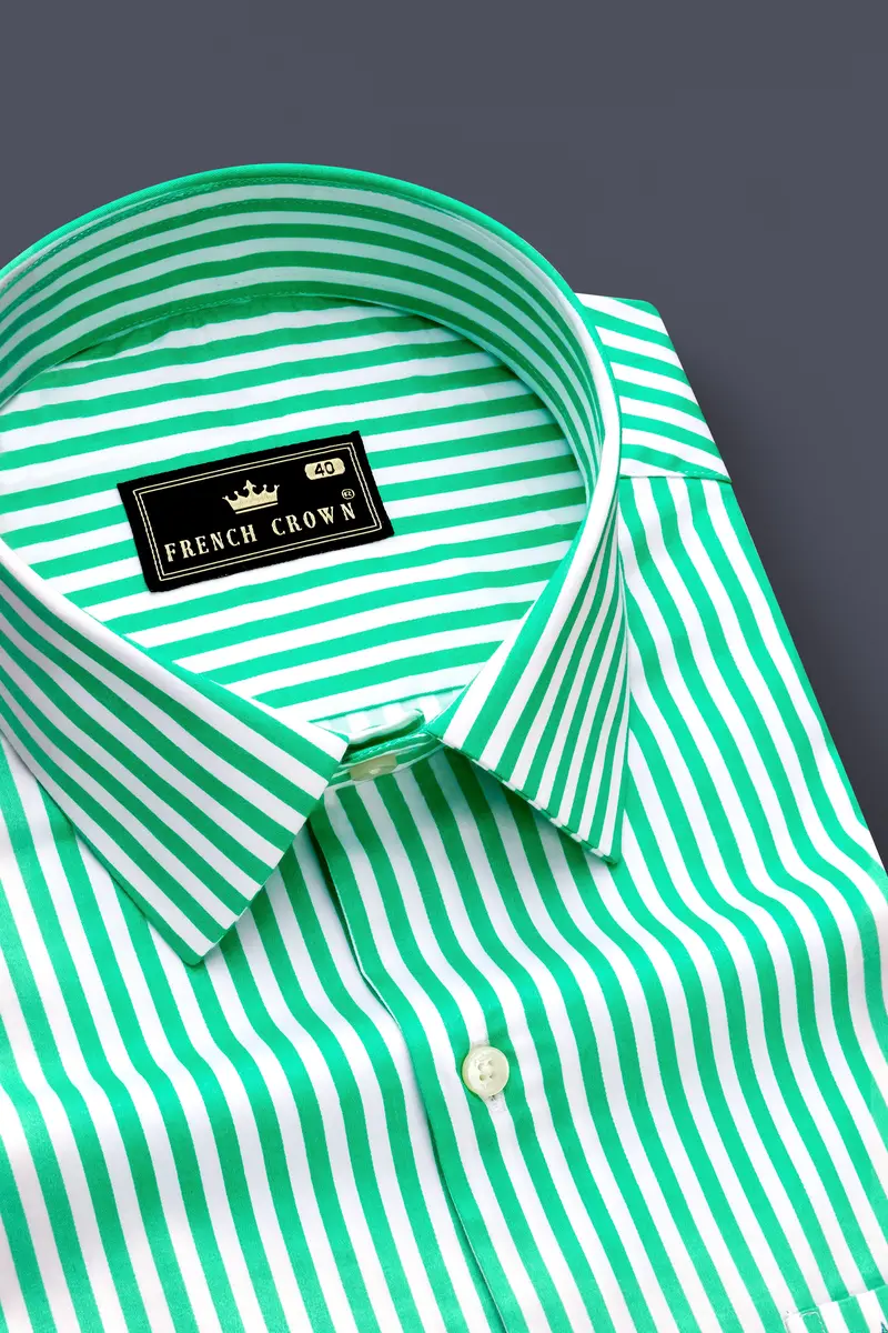 Virenza-Tealish Green And Bright White Candy Striped Subtle Sheen Super Soft Premium Cotton Dress Shirt 2