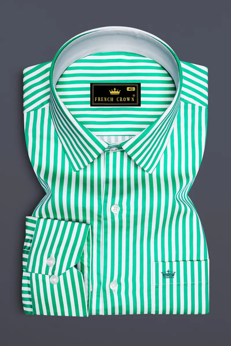 Virenza-Tealish Green And Bright White Candy Striped Super Soft Premium Cotton Dress Shirt 4