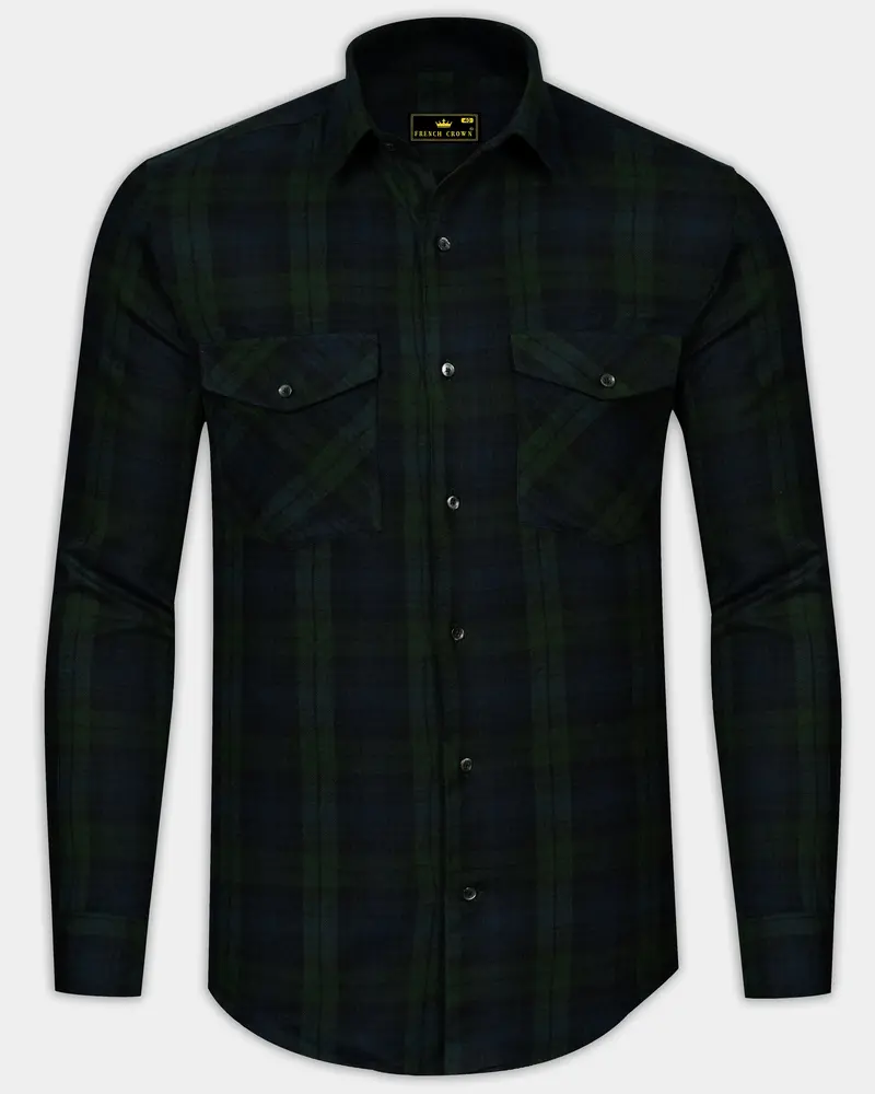 Virenzo-Racing Green Plaid Heavyweight Super Soft Premium Flannel Cotton Casual Overshirt 1