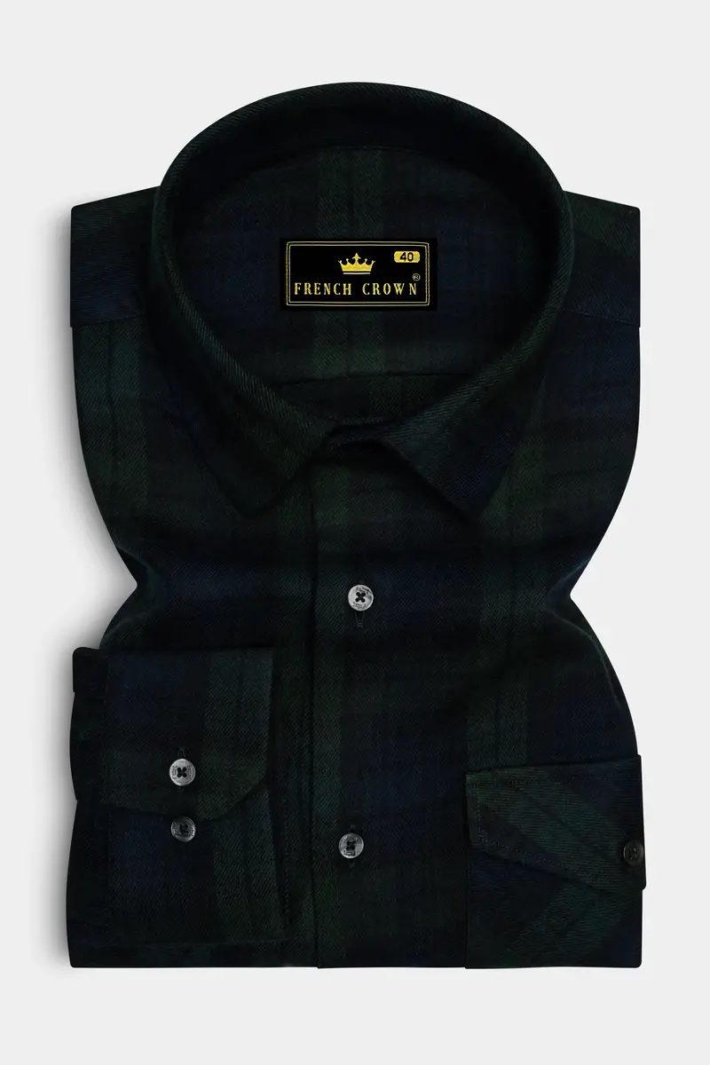 Virenzo-Racing Green Plaid Heavyweight Super Soft Premium Flannel Cotton Casual Overshirt 5