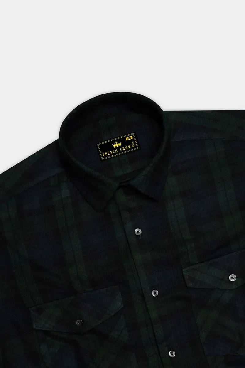 Virenzo-Racing Green Plaid Heavyweight Super Soft Premium Flannel Cotton Casual Overshirt 6