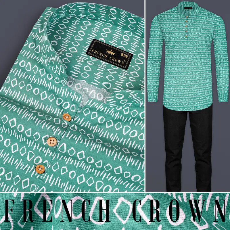 Viridian Green Printed Giza Cotton Kurta Shirt 10