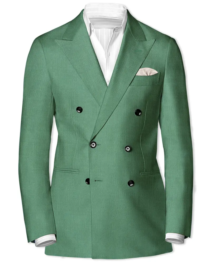 Viridian Green Solid Wool Rich Double Breasted Slight Stretch Blazer 1