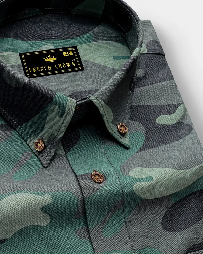 Viridian Green With Multicolour Camouflage Printed Royal Oxford Shirt 1