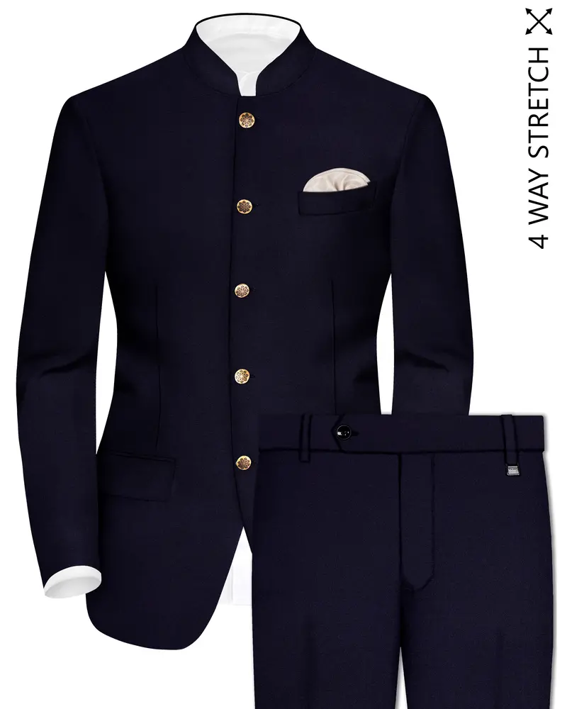 Vistaro-Korean Blue (The Best Blue We Have) 4-Way Stretch Wrinkle-Free Wool Rich Bandhgala Slight Stretch Suit 1