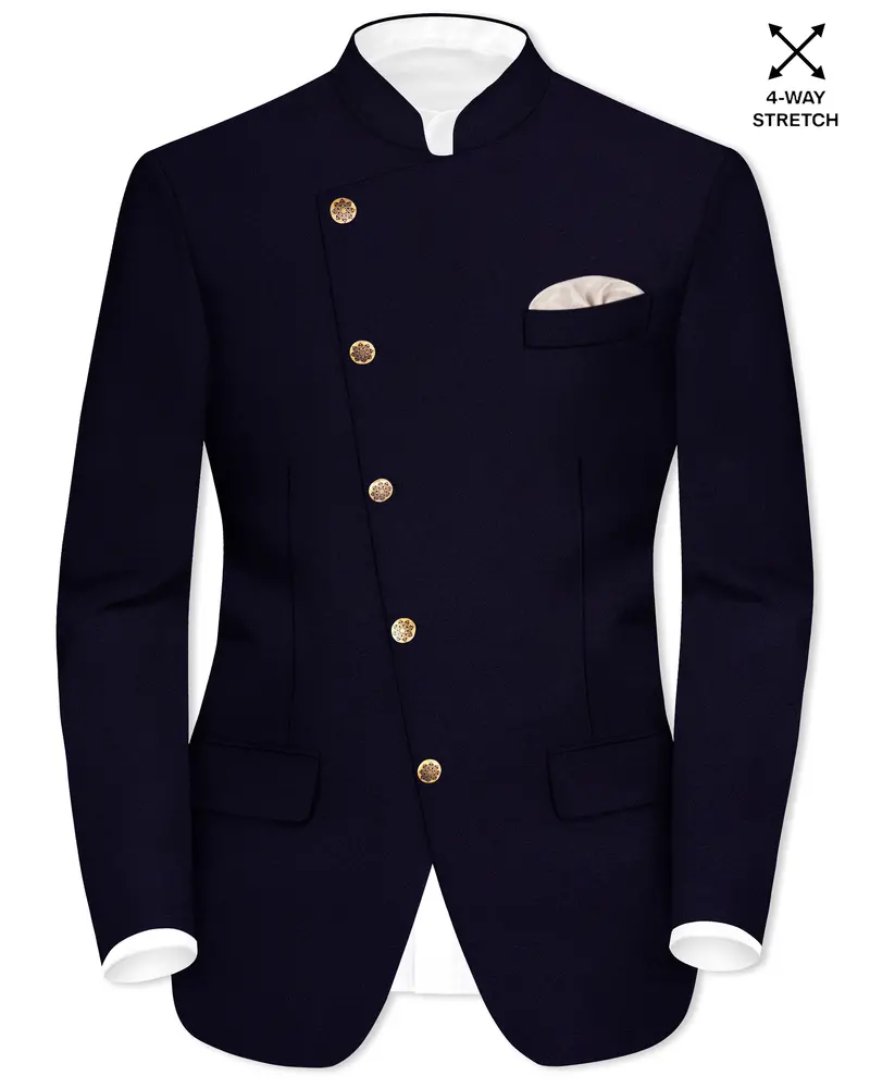Vistaro-Korean Blue (The Best Blue We Have) 4-Way Stretch Wrinkle-Free Wool Rich Cross Placket Bandhgala Slight Stretch Blazer 1