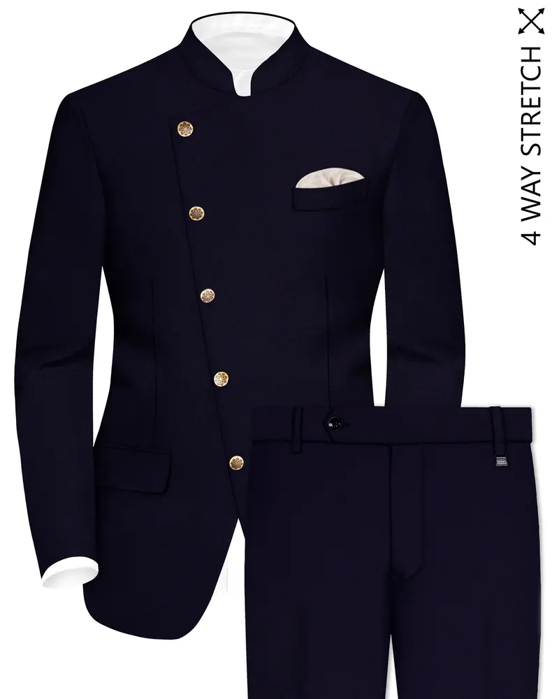 Vistaro-Korean Blue (The Best Blue We Have) 4-Way Stretch Wrinkle-Free Wool Rich Cross Placket Bandhgala Slight Stretch Suit 1