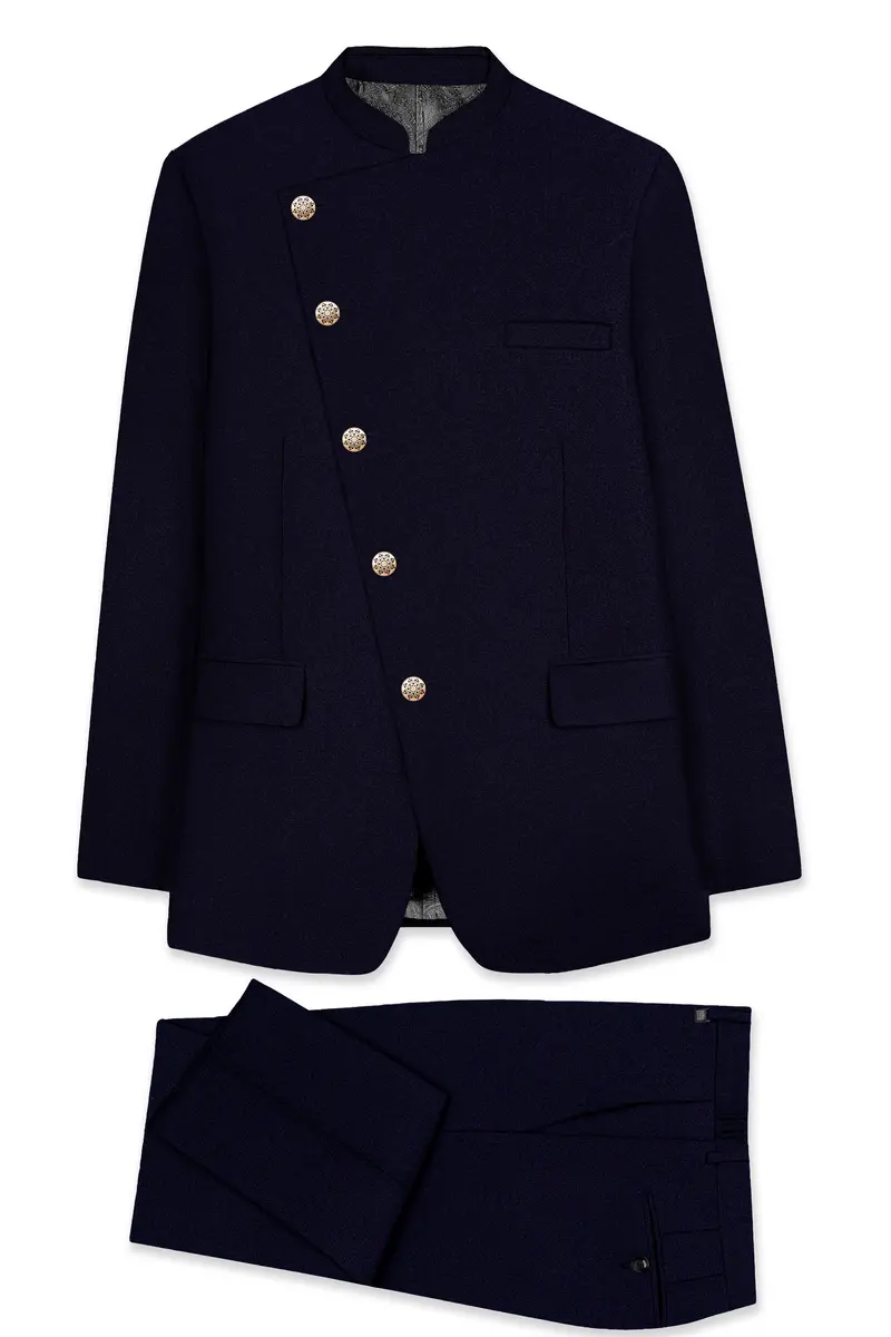Vistaro-Korean Blue (The Best Blue We Have) 4-Way Stretch Wrinkle-Free Wool Rich Cross Placket Bandhgala Slight Stretch Suit 10