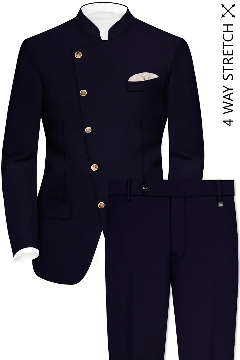 Vistaro-Korean Blue (The Best Blue We Have) 4-Way Stretch Wrinkle-Free Wool Rich Cross Placket Bandhgala Slight Stretch Suit 2