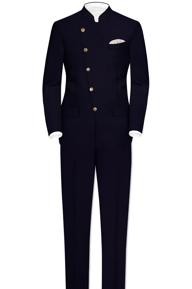 Vistaro-Korean Blue (The Best Blue We Have) 4-Way Stretch Wrinkle-Free Wool Rich Cross Placket Bandhgala Slight Stretch Suit 4