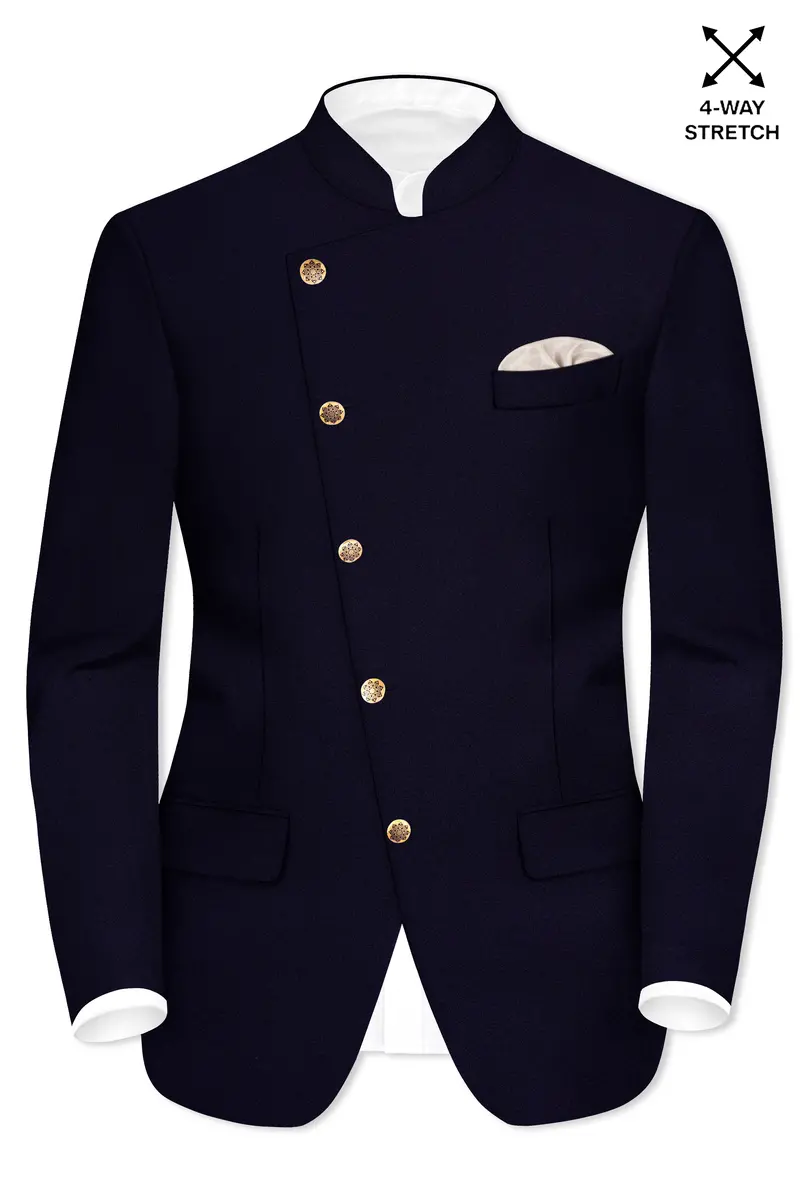 Vistaro-Korean Blue (The Best Blue We Have) 4-Way Stretch Wrinkle-Free Wool Rich Cross Placket Bandhgala Slight Stretch Suit 9