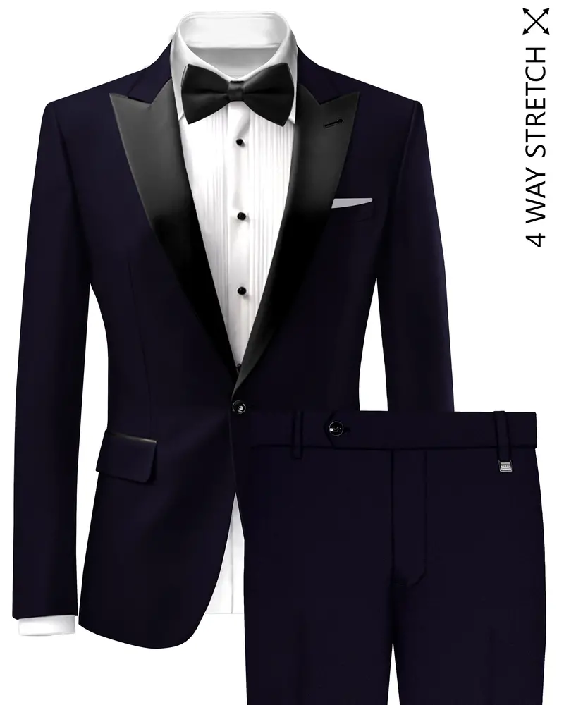Vistaro-Korean Blue (The Best Blue We Have) 4-Way Stretch Wrinkle-Free Wool Rich Peak Lapel Tuxedo Slight Stretch Suit 1
