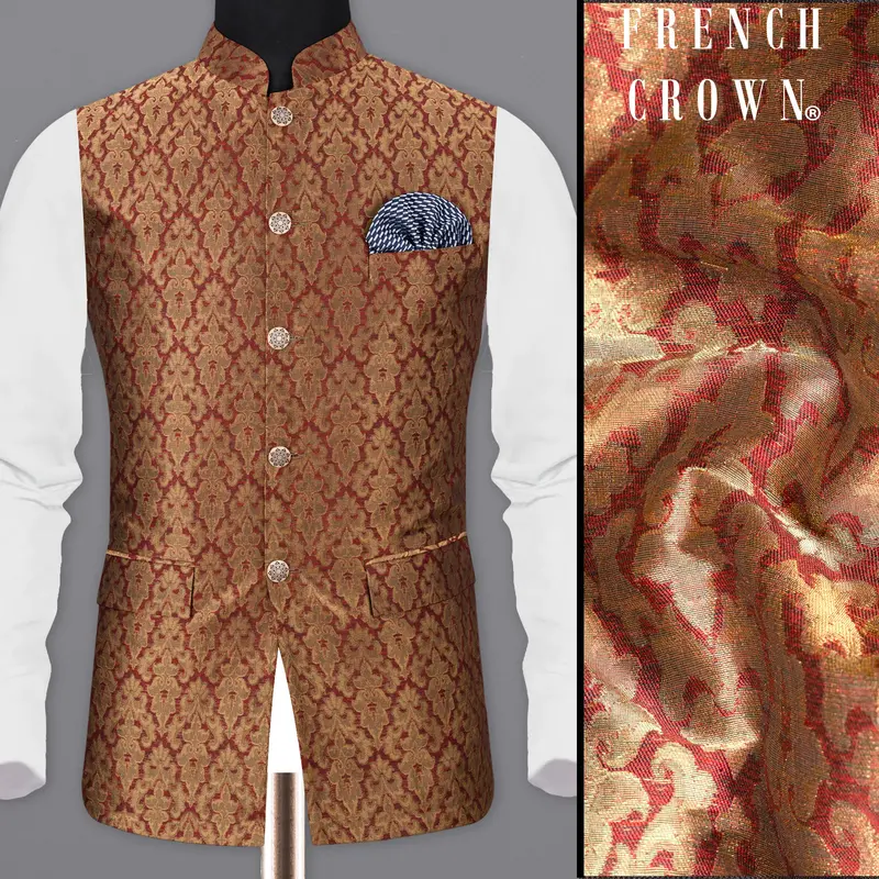 Vivid Auburm And Golden Jacquard Textured Nehru Jacket 1