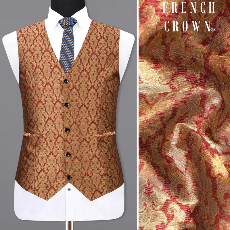 Vivid Auburm And Golden Jacquard Textured Waistcoat 1
