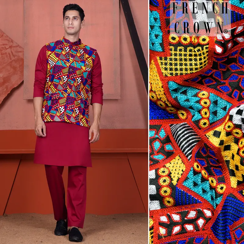 Vivid Auburn Red Kurta With Canray Orange And Catalina Blue Multicolour Cotton Thread Embroidered Designer Nehru Jacket 1