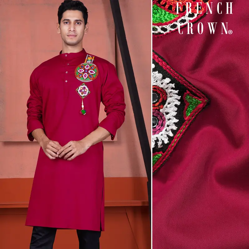 Vivid Auburn Red Multicolour Kutch Work Patches With Mirror Work Subtle Sheen Super Soft Premium Cotton Designer Kurta 1