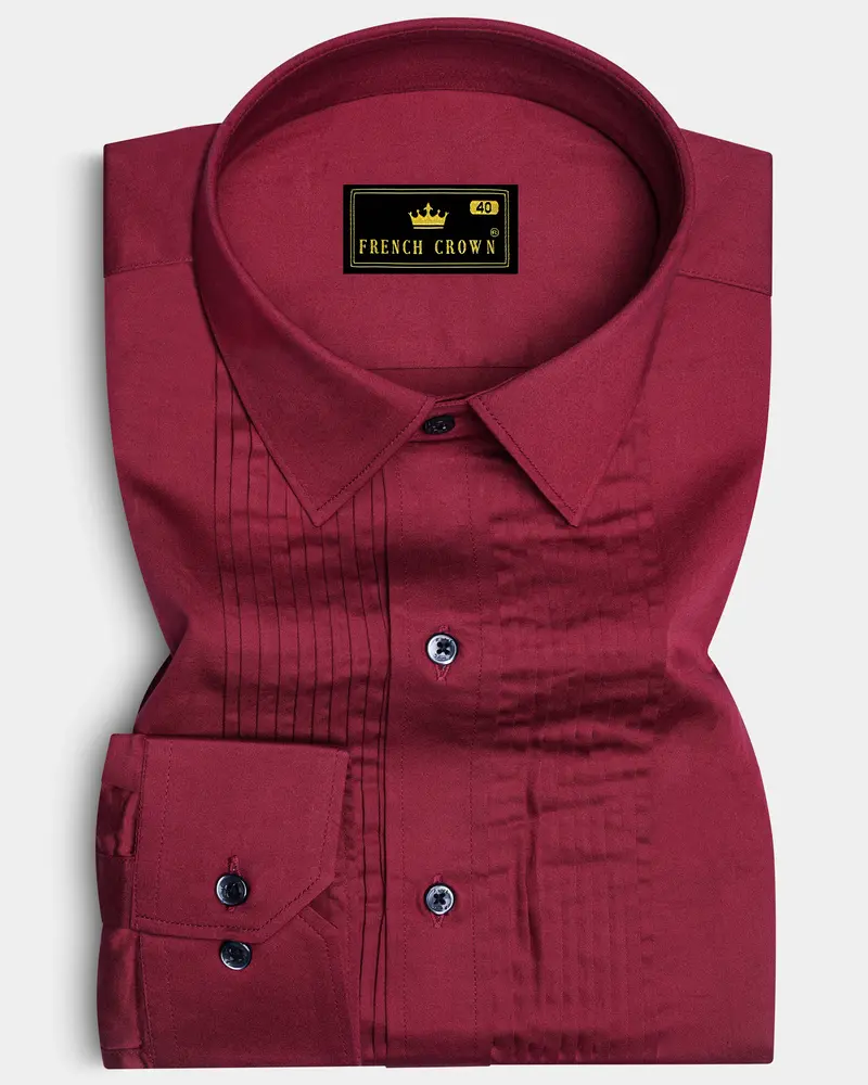 Vivid Auburn Red Subtle Sheen Snake Pleated Super Soft Premium Cotton Tuxedo Shirt 1