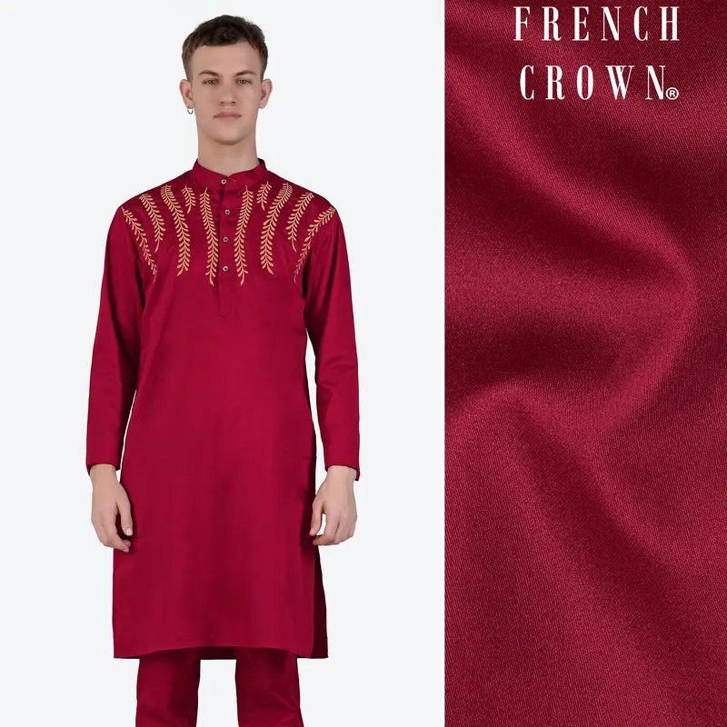 Vivid Auburn Red Subtle Sheen Super Soft Premium Cotton Leaves Embroidered Designer Kurta 1