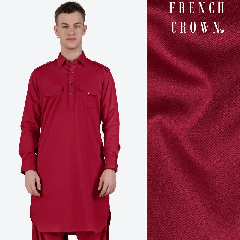 Vivid Auburn Red Subtle Sheen Super Soft Premium Cotton Pathani Kurta 1