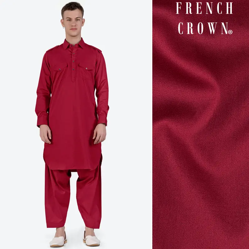 Vivid Auburn Red Subtle Sheen Super Soft Premium Cotton Pathani Set 1