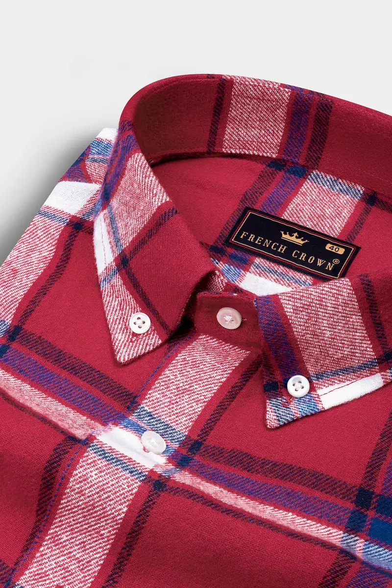 Vivid Auburn Red With Downriver Blue And White Plaid Flannel Shirt 1