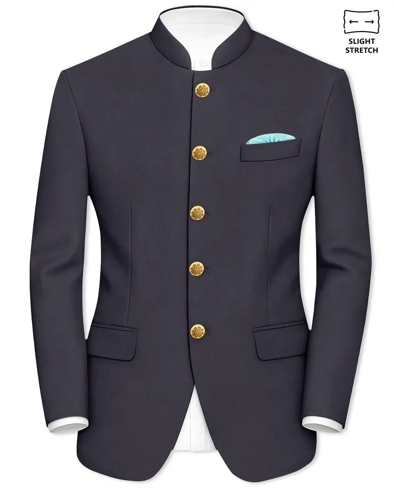 Vogue-Glaucous Gray Solid Wool Rich Bandhgala Slight Stretch Blazer 1