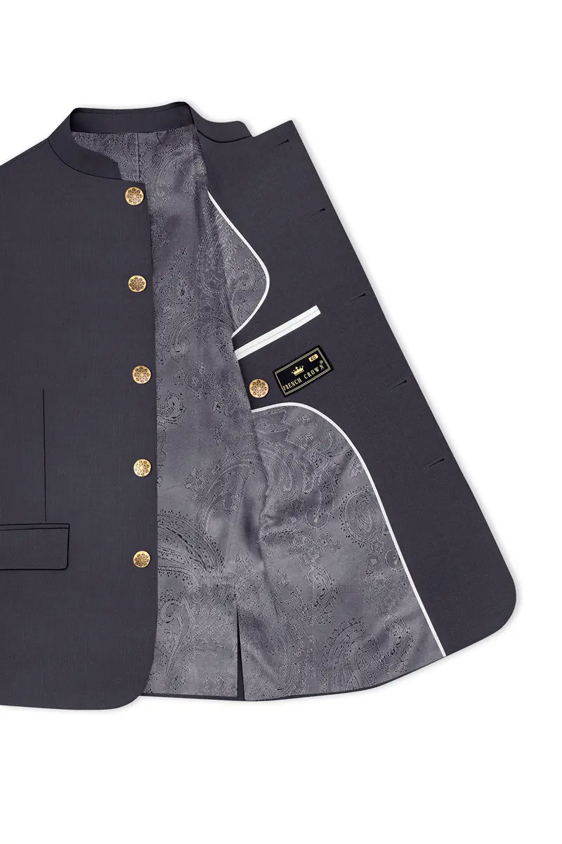 Vogue-Glaucous Gray Solid Wool Rich Bandhgala Slight Stretch Blazer 4