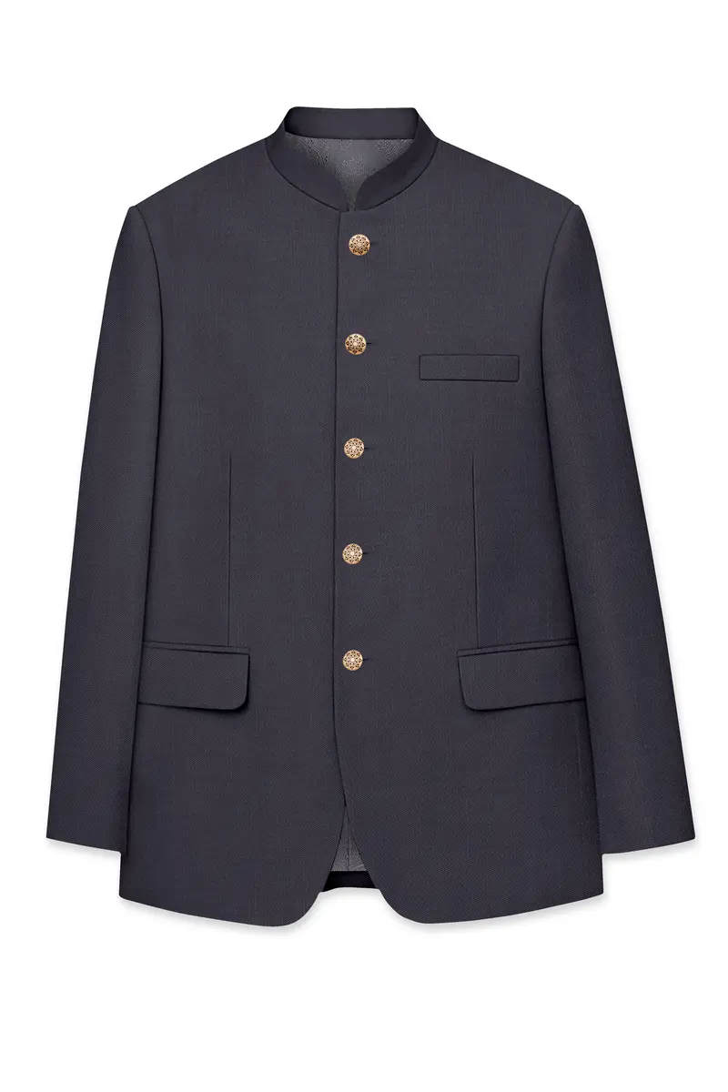 Vogue-Glaucous Gray Solid Wool Rich Bandhgala Slight Stretch Blazer 6