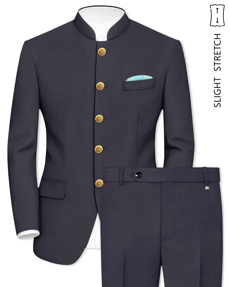Vogue-Glaucous Gray Solid Wool Rich Bandhgala Slight Stretch Suit 1