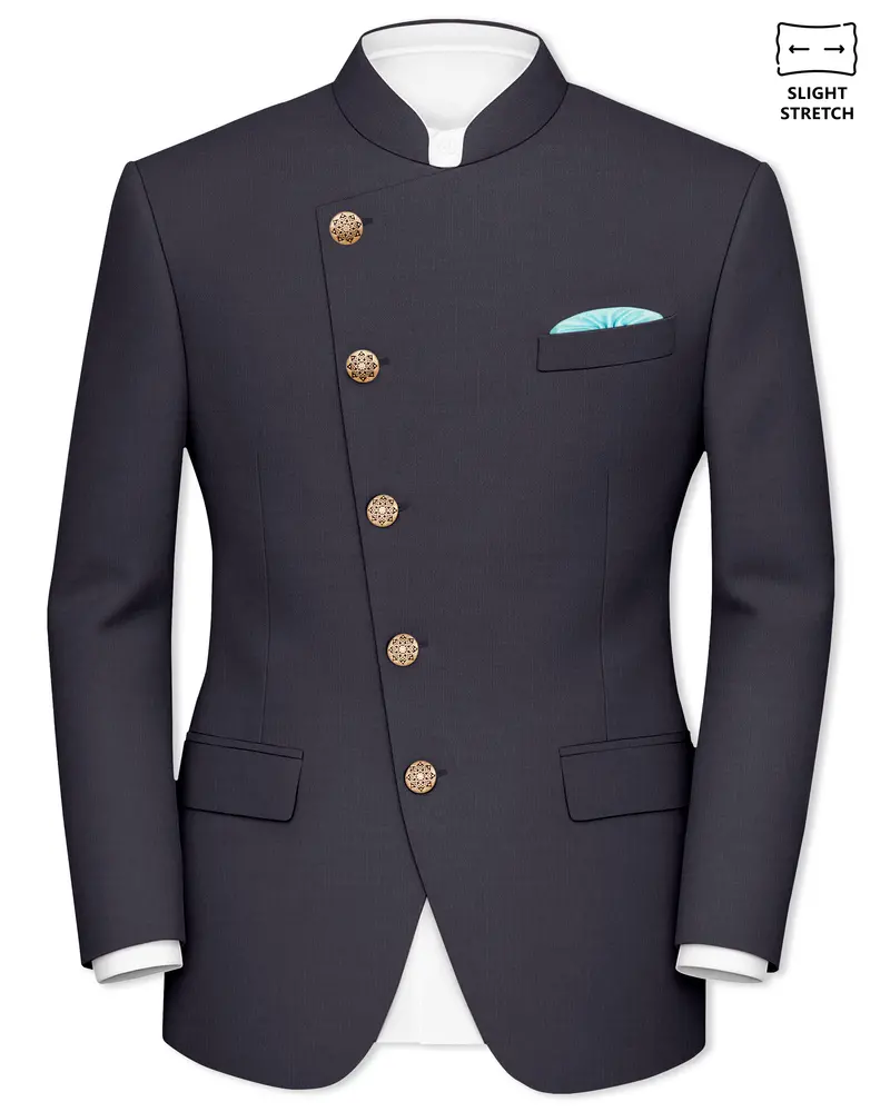 Vogue-Glaucous Gray Solid Wool Rich Cross Placket Bandhgala Slight Stretch Blazer 1