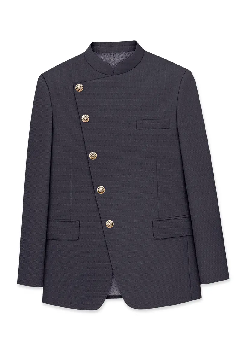 Vogue-Glaucous Gray Solid Wool Rich Cross Placket Bandhgala Slight Stretch Blazer 6