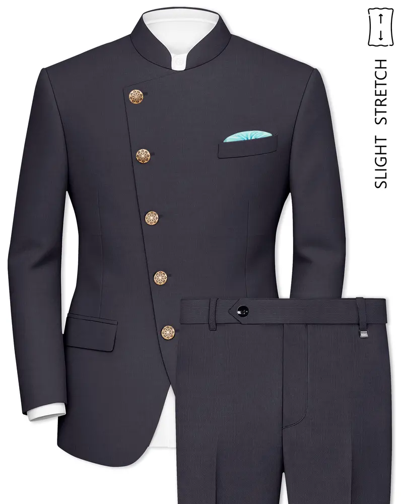 Vogue-Glaucous Gray Solid Wool Rich Cross Placket Bandhgala Slight Stretch Suit 1