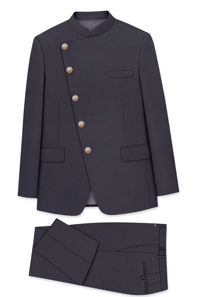 Vogue-Glaucous Gray Solid Wool Rich Cross Placket Bandhgala Slight Stretch Suit 10