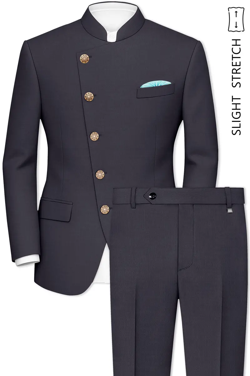 Vogue-Glaucous Gray Solid Wool Rich Cross Placket Bandhgala Slight Stretch Suit 2