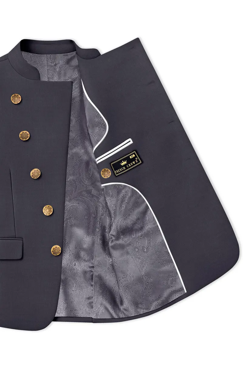 Vogue-Glaucous Gray Solid Wool Rich Cross Placket Bandhgala Slight Stretch Suit 5