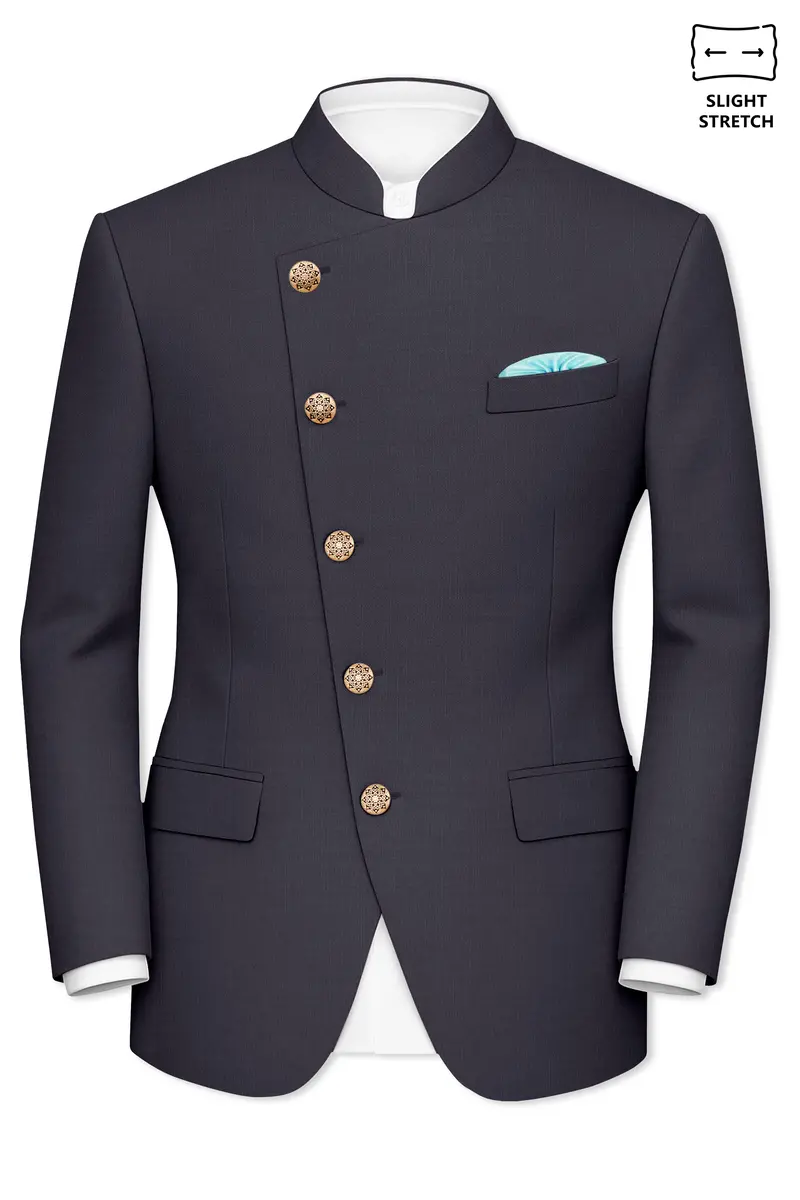 Vogue-Glaucous Gray Solid Wool Rich Cross Placket Bandhgala Slight Stretch Suit 9