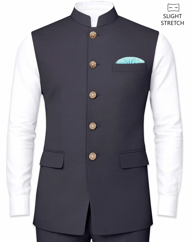 Vogue-Glaucous Gray Solid Wool Rich Slight Stretch Nehru Jacket 1