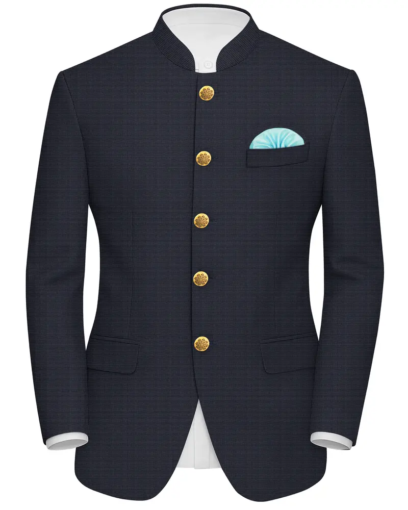 Volrano-Vulcan Blue Textured Premium Cotton Bandhgala Blazer 1
