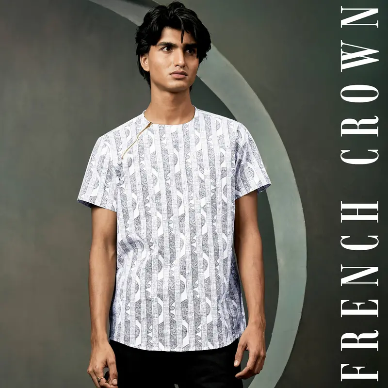 Vulcan Blue And Bright White Art Printed Luxurious Linen Designer Shirt 1
