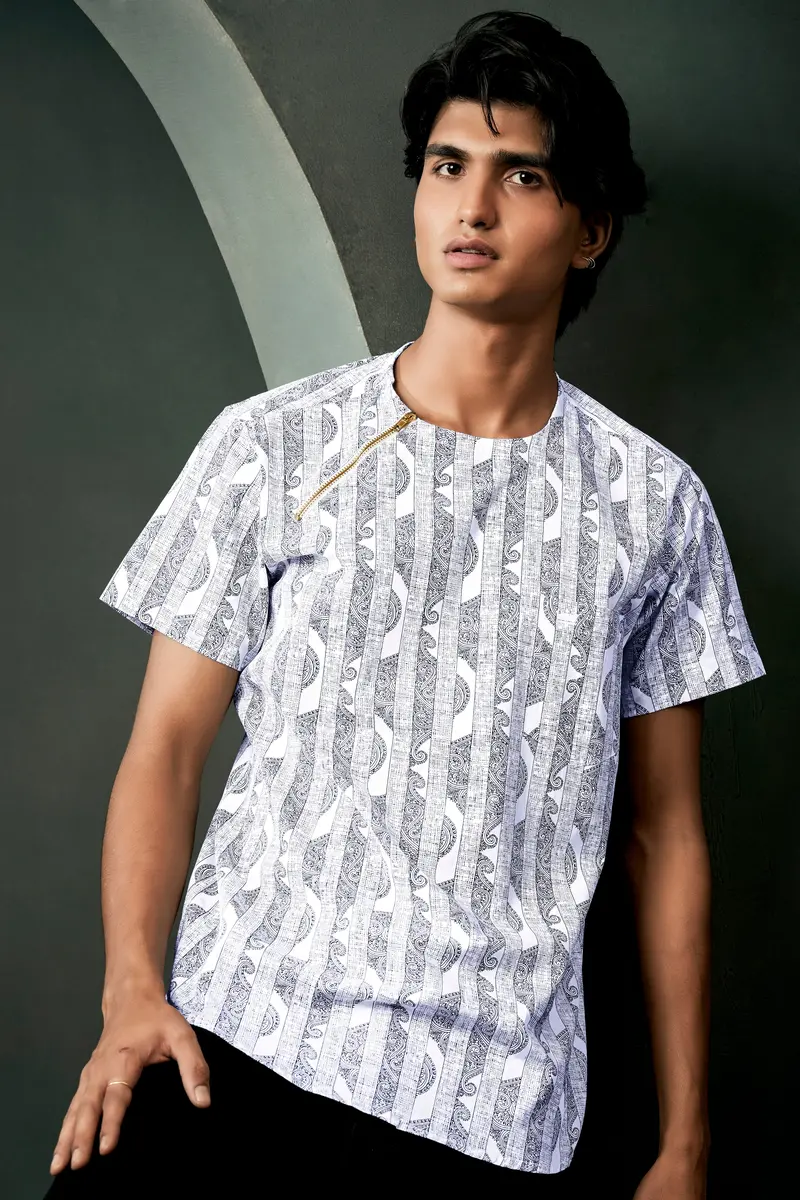 Vulcan Blue And Bright White Art Printed Luxurious Linen Designer Shirt 2