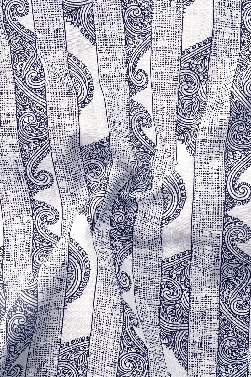 Vulcan Blue And Bright White Art Printed Luxurious Linen Designer Shirt 3
