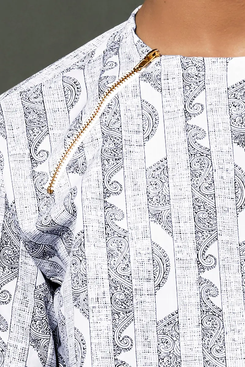 Vulcan Blue And Bright White Art Printed Luxurious Linen Designer Shirt 4