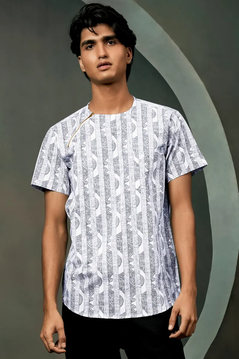 Vulcan Blue And Bright White Art Printed Luxurious Linen Designer Shirt 5