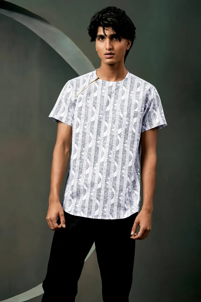 Vulcan Blue And Bright White Art Printed Luxurious Linen Designer Shirt 6