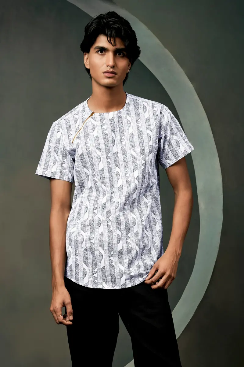 Vulcan Blue And Bright White Art Printed Luxurious Linen Designer Shirt 7