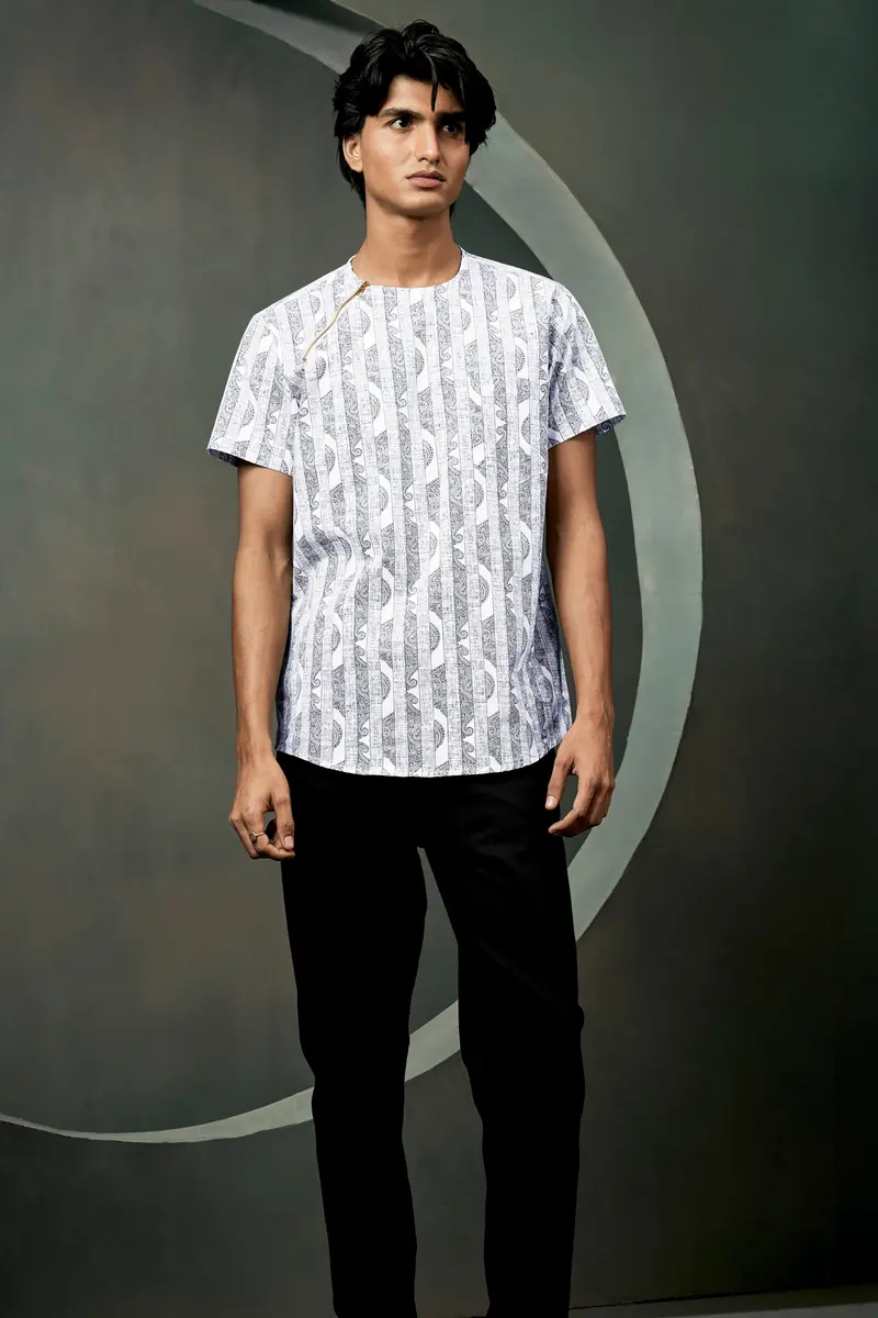 Vulcan Blue And Bright White Art Printed Luxurious Linen Designer Shirt 8
