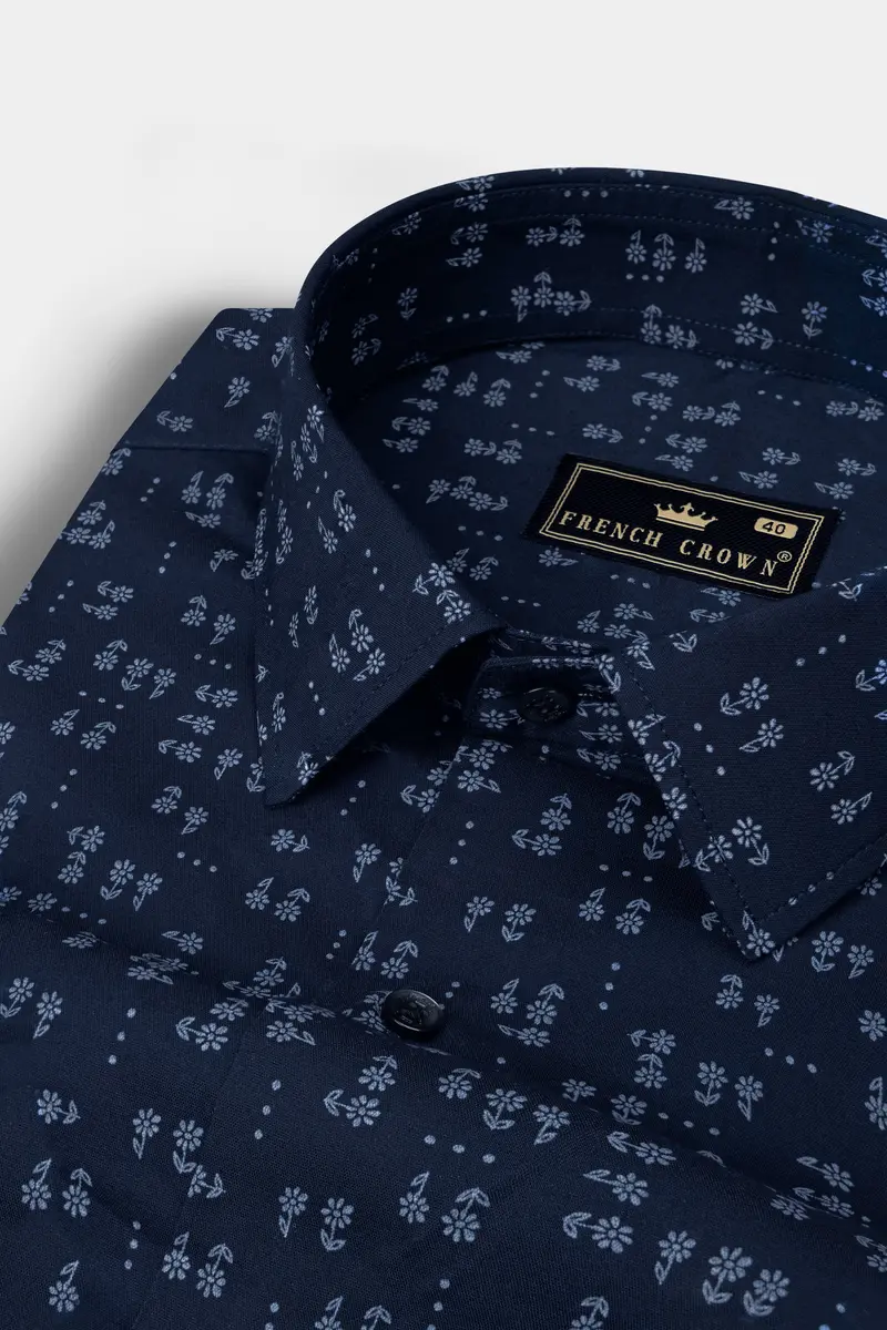 Vulcan Blue Flower Printed Poplin Giza Cotton Shirt 1