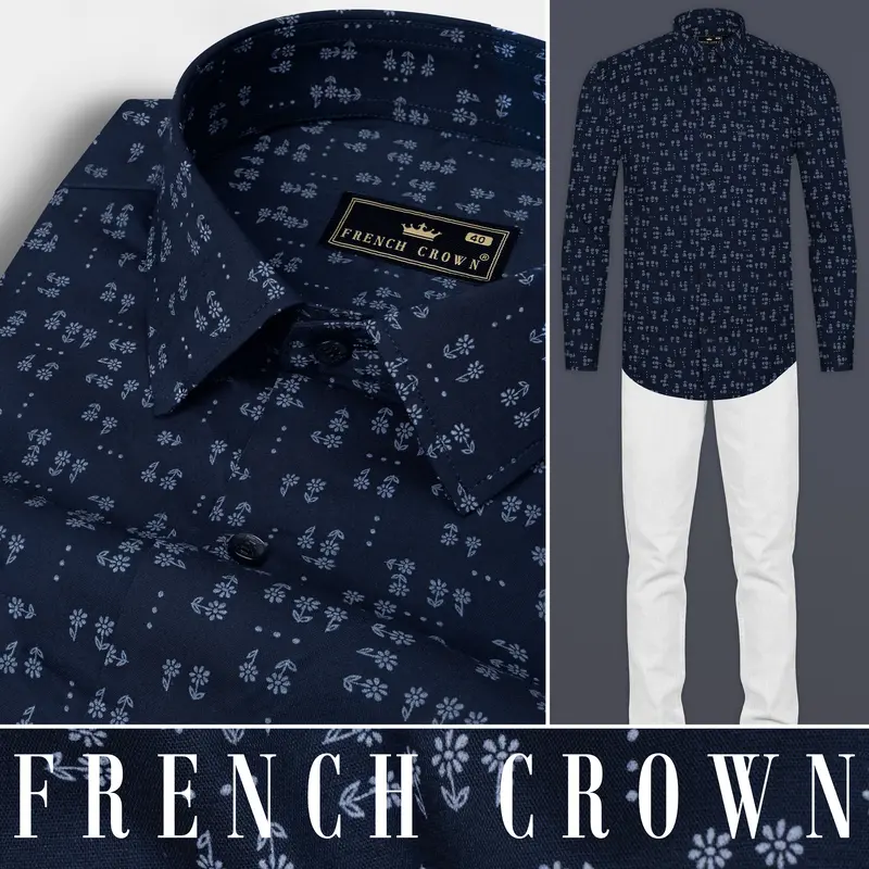 Vulcan Blue Flower Printed Poplin Giza Cotton Shirt 10