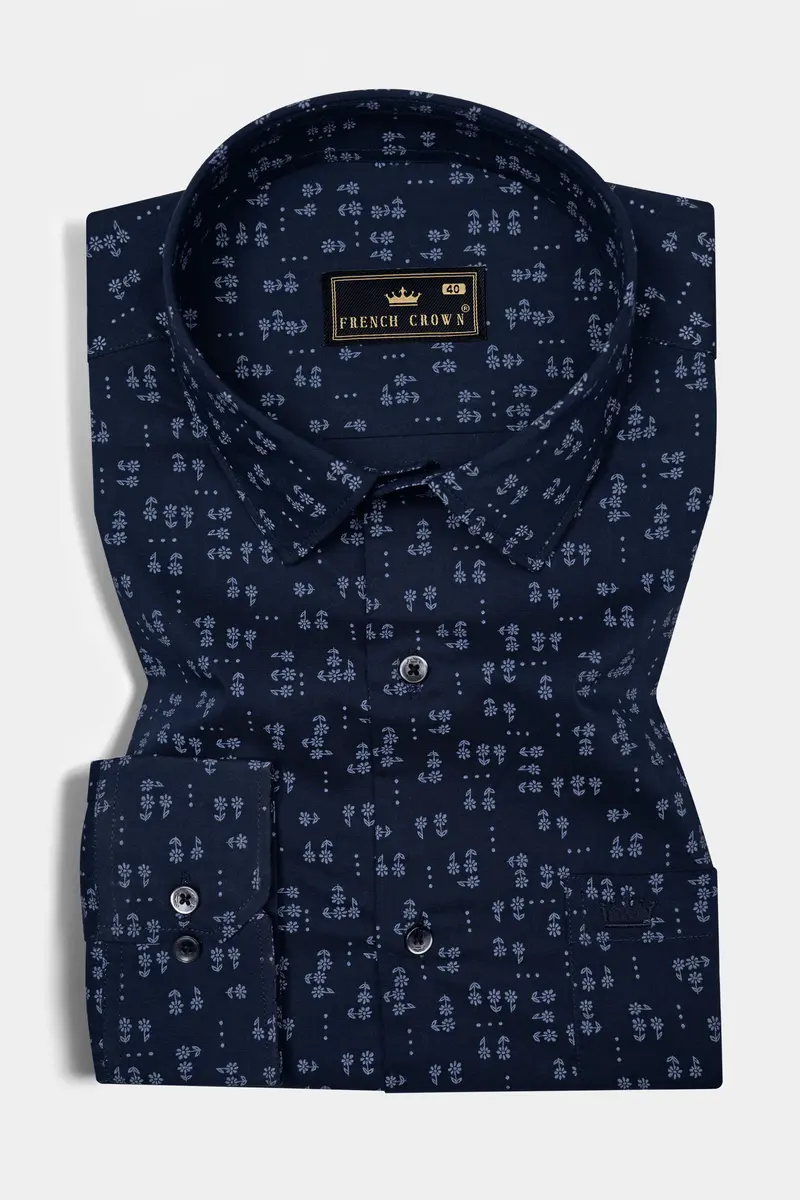 Vulcan Blue Flower Printed Poplin Giza Cotton Shirt 3