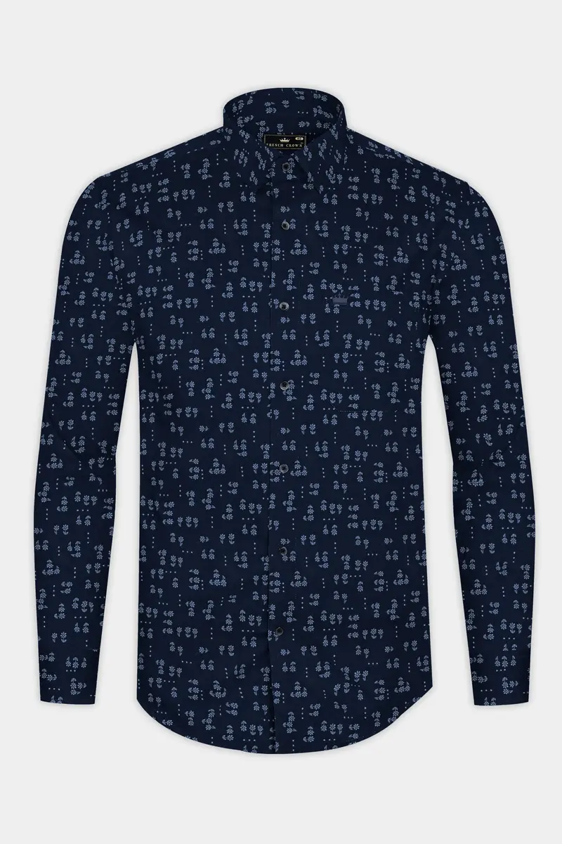 Vulcan Blue Flower Printed Poplin Giza Cotton Shirt 4